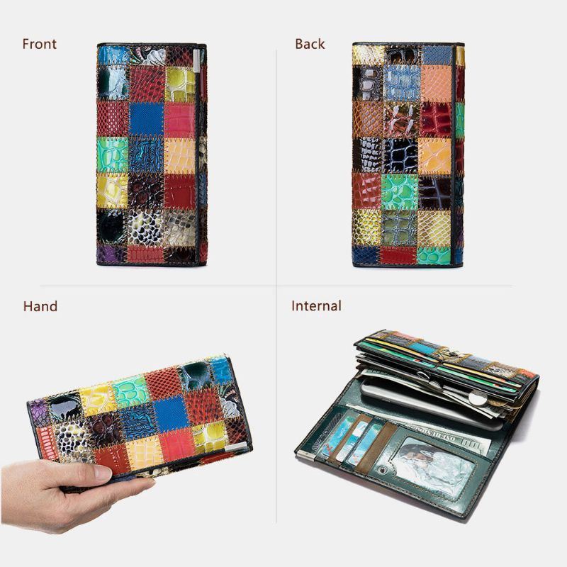 Dames Echt Leer Bifold Gekleurde Geometrische Patroon Multi-card Slot Card Case Geld Clip Portemonnee Lange Clutch Portefeuilles