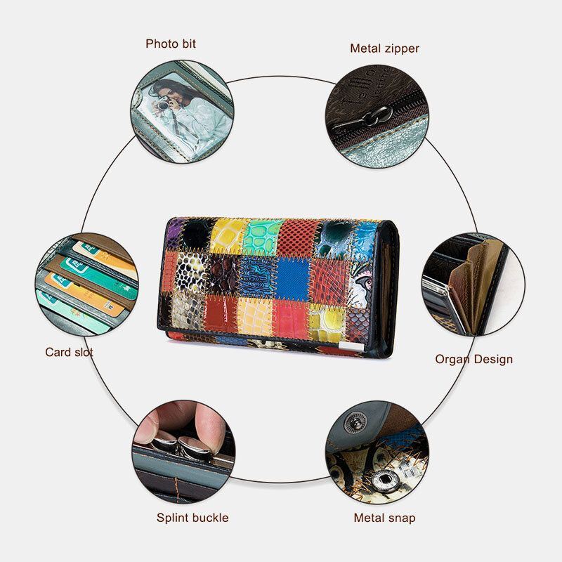 Dames Echt Leer Bifold Gekleurde Geometrische Patroon Multi-card Slot Card Case Geld Clip Portemonnee Lange Clutch Portefeuilles