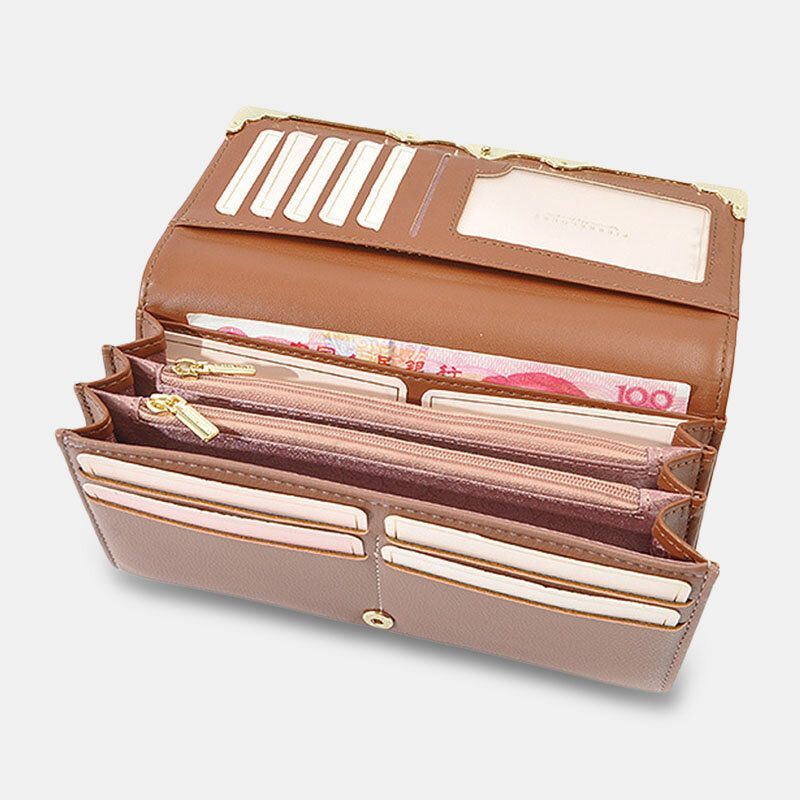 Dames Metalen Trim Gesp Decor Lange Portemonnee 6.5 Inch Portemonnee Grote Capaciteit Multi-card Slot Kaarthouder Portemonnee