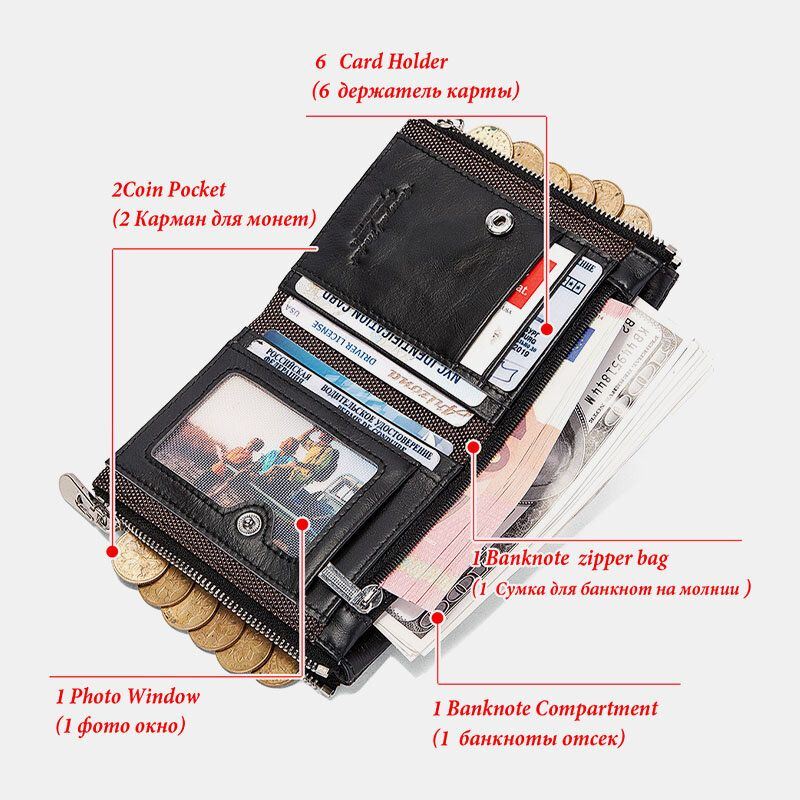 Heren Bifold Portefeuilles Multifunctionele Eerste Laag Koeienhuid Anti-diefstal Borstel Dubbele Rits Kaarthouder Geld Clip Portemonnee