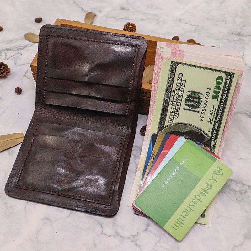 Heren Bifold Verticale Koeienhuid Fold Portemonnee Retro Multi-card Slot Kaarthouder Geld Clip Mini Portemonnee