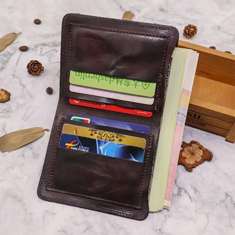 Heren Bifold Verticale Koeienhuid Fold Portemonnee Retro Multi-card Slot Kaarthouder Geld Clip Mini Portemonnee