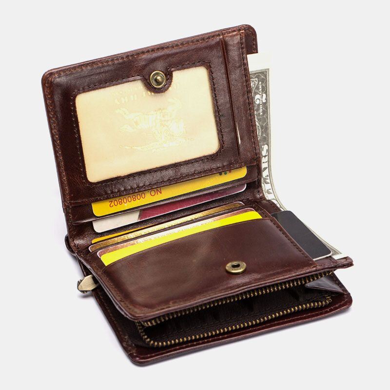 Heren Echt Leer 7 Card Slot Card Case Korte Bifold Olie Gewaxt Leer Geld Clip Portefeuilles