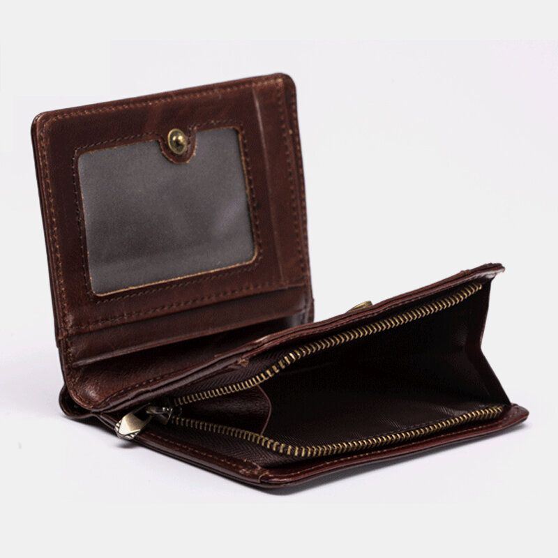 Heren Echt Leer 7 Card Slot Card Case Korte Bifold Olie Gewaxt Leer Geld Clip Portefeuilles