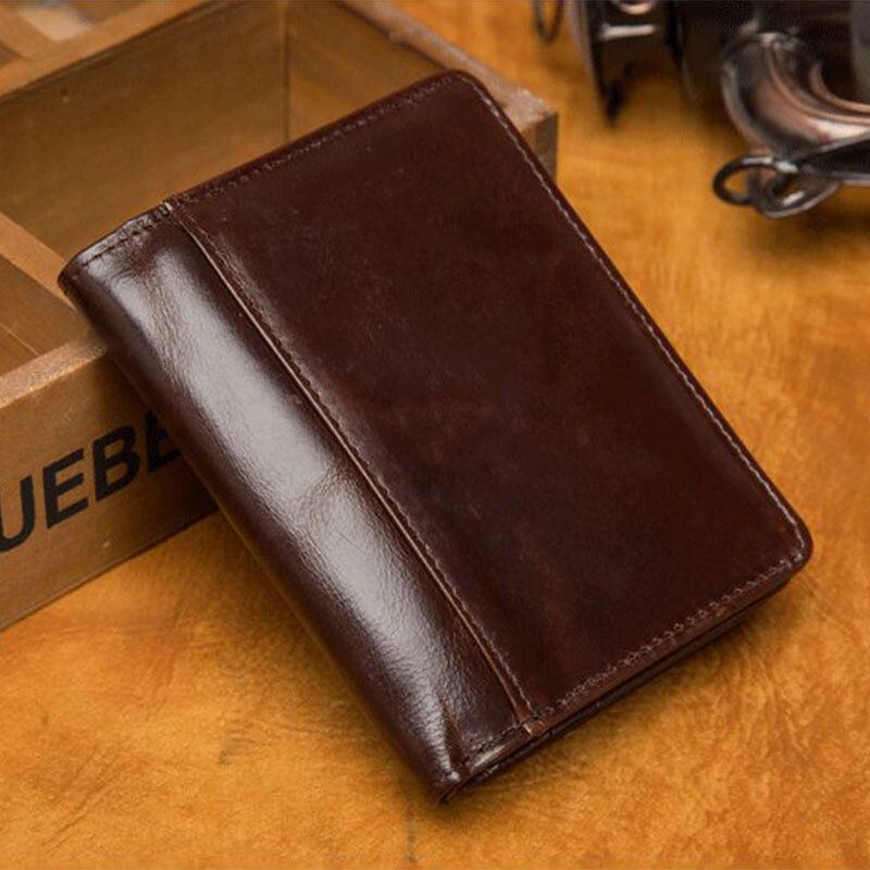 Heren Echt Leer 7 Card Slot Card Case Korte Bifold Olie Gewaxt Leer Geld Clip Portefeuilles