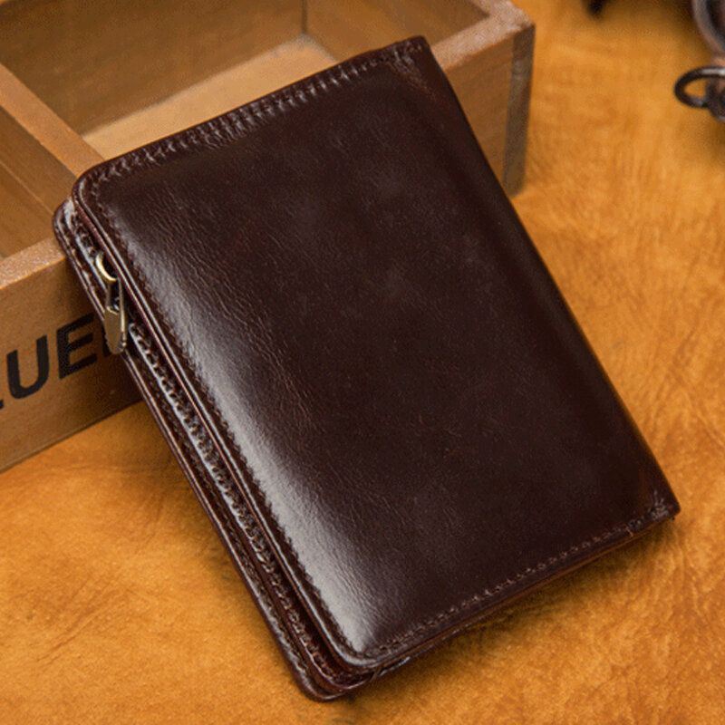 Heren Echt Leer 7 Card Slot Card Case Korte Bifold Olie Gewaxt Leer Geld Clip Portefeuilles