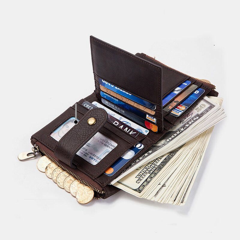 Heren Echt Leer Anti-magnetische Multi Card Slot Effen Kleur Casual Rits Kaarthouder Portemonnee Portemonnee Met Ketting