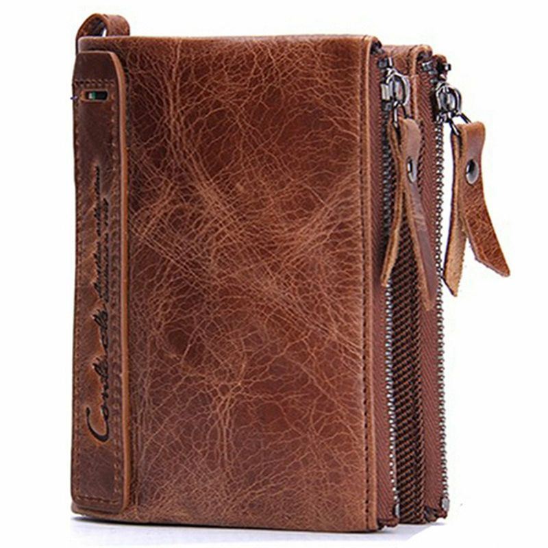 Heren Echt Leer Bifold Hasp Multi-card Slot Kaarthouder Retro Dubbele Rits Portemonnee Korte Geld Clip Portemonnee