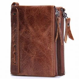 Heren Echt Leer Bifold Hasp Multi-card Slot Kaarthouder Retro Dubbele Rits Portemonnee Korte Geld Clip Portemonnee