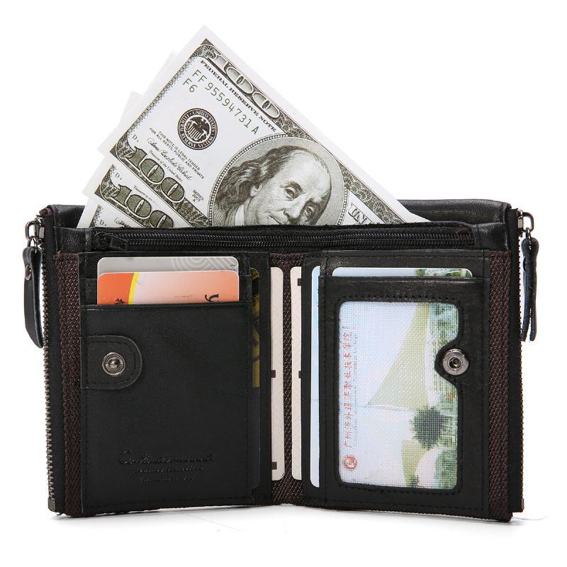 Heren Echt Leer Bifold Hasp Multi-card Slot Kaarthouder Retro Dubbele Rits Portemonnee Korte Geld Clip Portemonnee