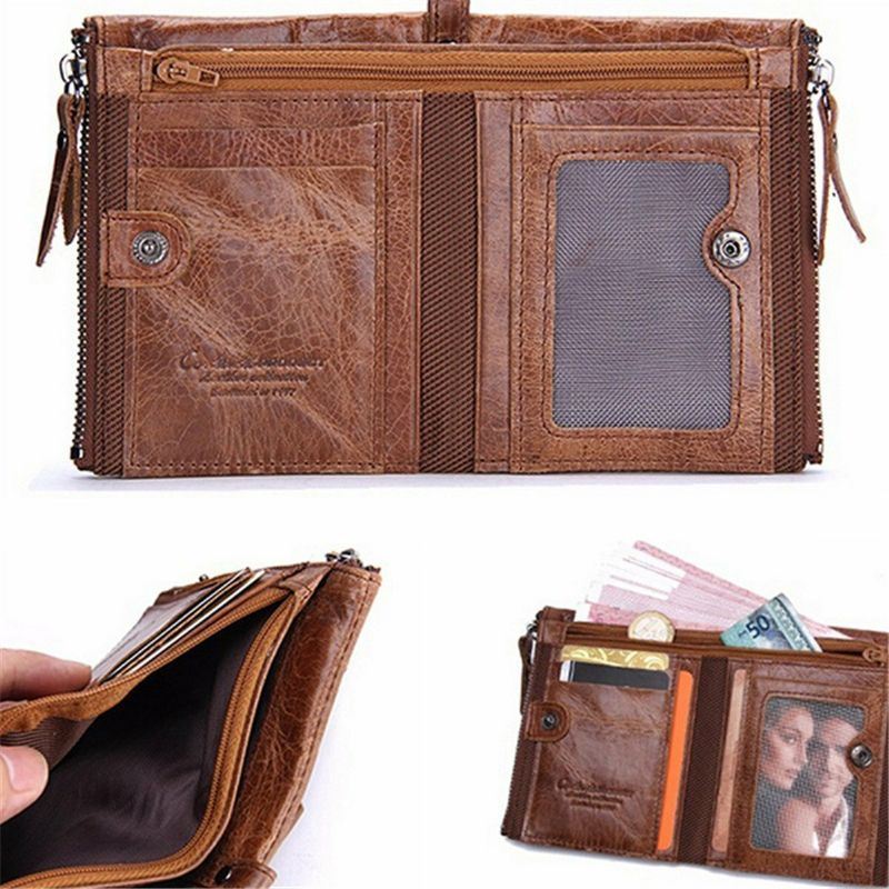 Heren Echt Leer Bifold Hasp Multi-card Slot Kaarthouder Retro Dubbele Rits Portemonnee Korte Geld Clip Portemonnee