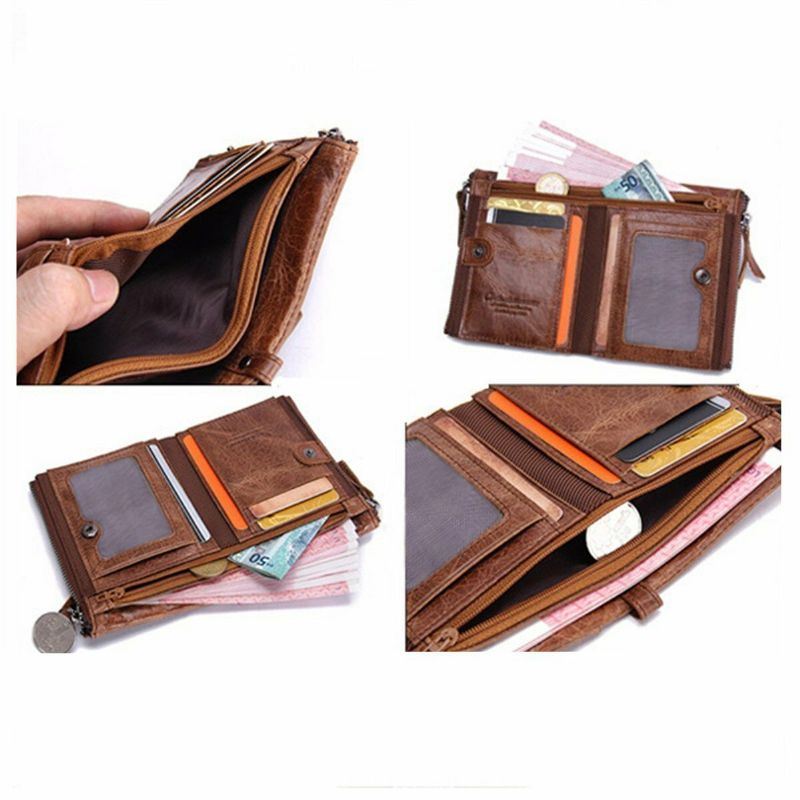 Heren Echt Leer Bifold Hasp Multi-card Slot Kaarthouder Retro Dubbele Rits Portemonnee Korte Geld Clip Portemonnee