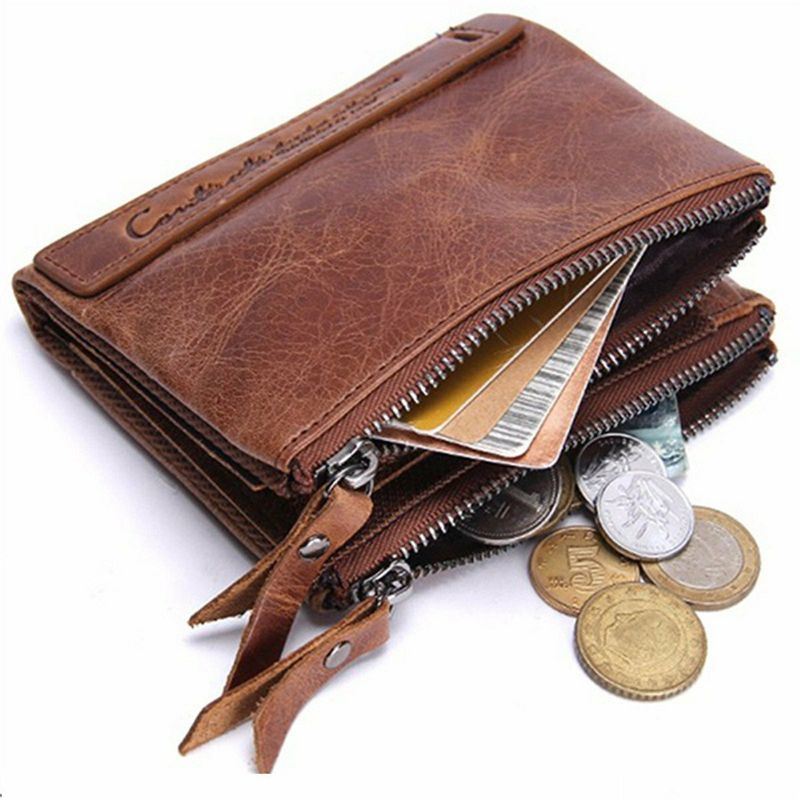 Heren Echt Leer Bifold Hasp Multi-card Slot Kaarthouder Retro Dubbele Rits Portemonnee Korte Geld Clip Portemonnee