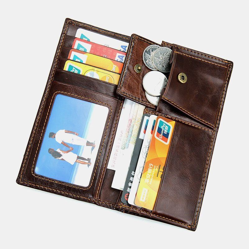 Heren Echt Leer Lange Bifold Anti-magnetische Portemonnee Multi-card Slot Card Case