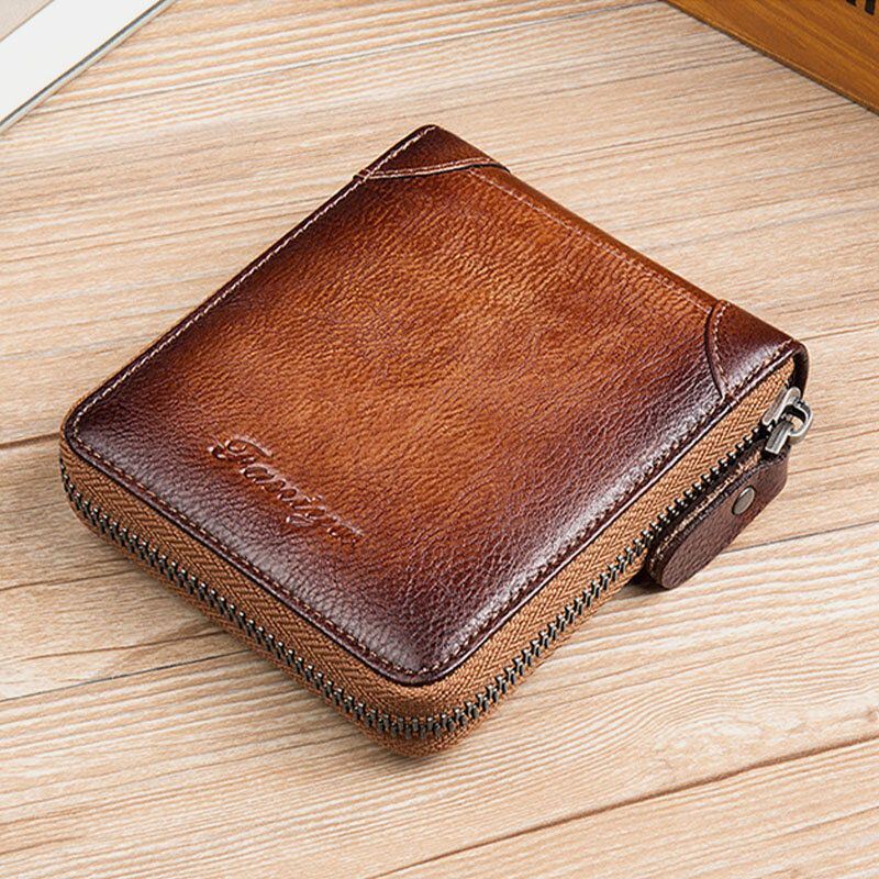 Heren Eerste Laag Koeienhuid Anti-magnetische Rits Portemonnee Korte Bifold 7 Card Slot Card Case Rijbewijs Portemonnee