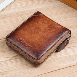 Heren Eerste Laag Koeienhuid Anti-magnetische Rits Portemonnee Korte Bifold 7 Card Slot Card Case Rijbewijs Portemonnee