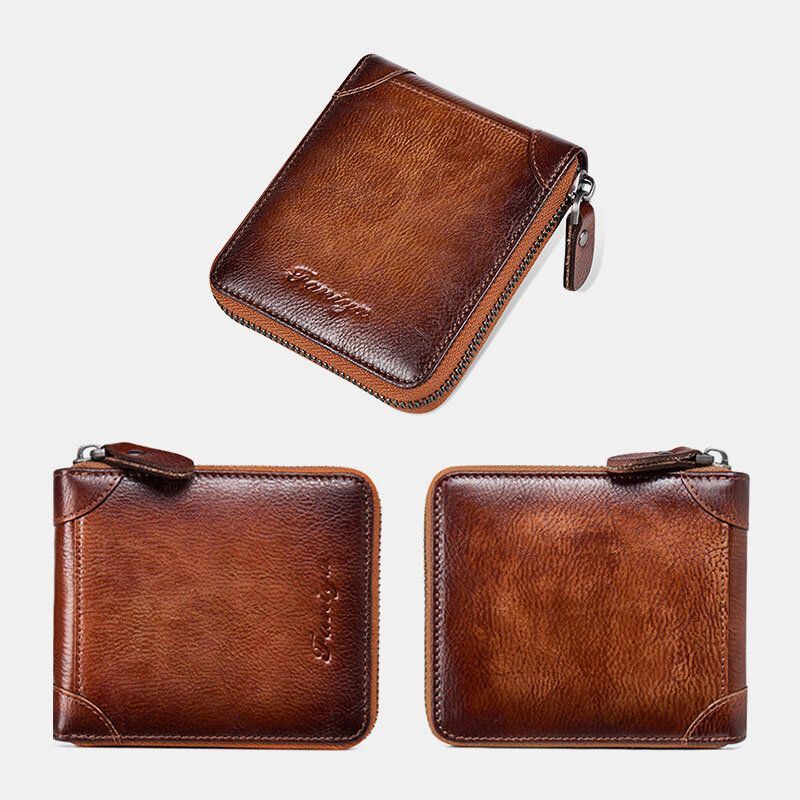 Heren Eerste Laag Koeienhuid Anti-magnetische Rits Portemonnee Korte Bifold 7 Card Slot Card Case Rijbewijs Portemonnee