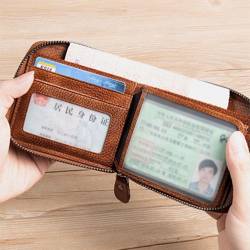 Heren Eerste Laag Koeienhuid Anti-magnetische Rits Portemonnee Korte Bifold 7 Card Slot Card Case Rijbewijs Portemonnee