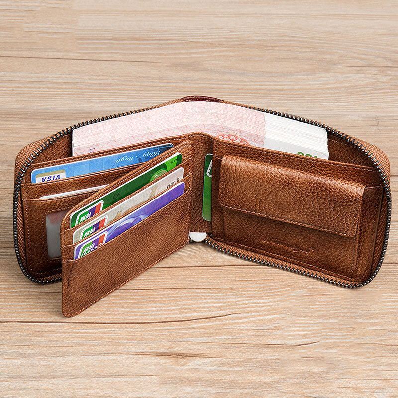 Heren Eerste Laag Koeienhuid Anti-magnetische Rits Portemonnee Korte Bifold 7 Card Slot Card Case Rijbewijs Portemonnee