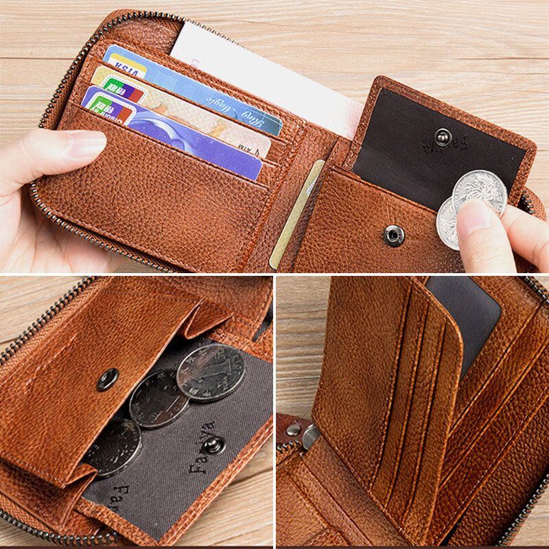 Heren Eerste Laag Koeienhuid Anti-magnetische Rits Portemonnee Korte Bifold 7 Card Slot Card Case Rijbewijs Portemonnee