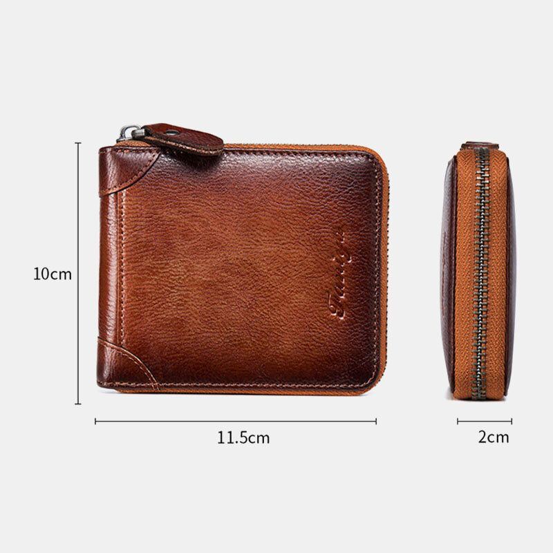 Heren Eerste Laag Koeienhuid Anti-magnetische Rits Portemonnee Korte Bifold 7 Card Slot Card Case Rijbewijs Portemonnee