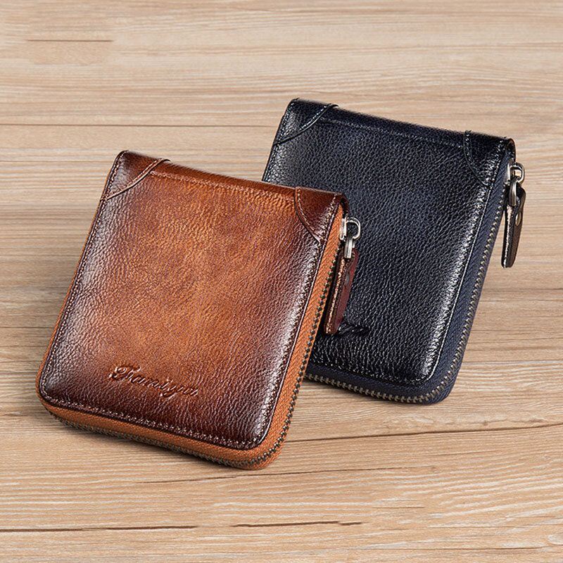 Heren Eerste Laag Koeienhuid Anti-magnetische Rits Portemonnee Korte Bifold 7 Card Slot Card Case Rijbewijs Portemonnee