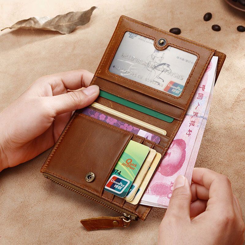 Heren Eerste Laag Koeienhuid Bifold Anti-magnetische 7 Card Slot Card Case Wallet