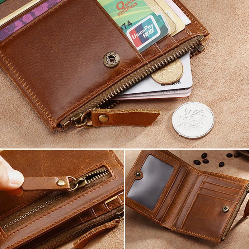 Heren Eerste Laag Koeienhuid Bifold Anti-magnetische 7 Card Slot Card Case Wallet