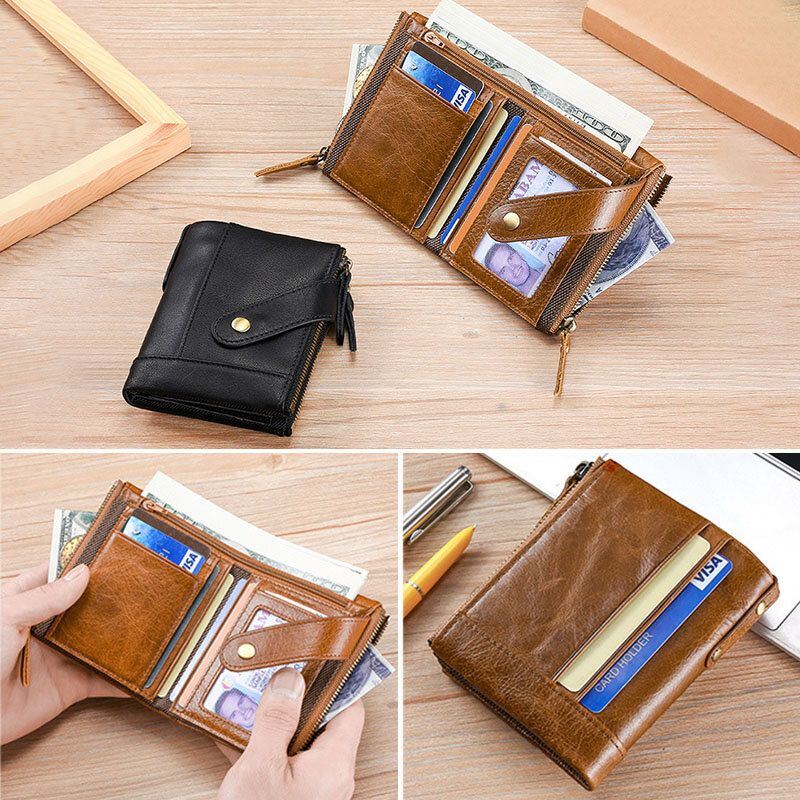 Heren Lederen Anti-magnetische Portemonnee Portemonnee Bifold Dubbele Rits Portemonnee Card Case