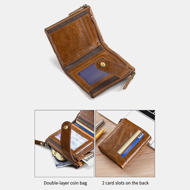 Heren Lederen Anti-magnetische Portemonnee Portemonnee Bifold Dubbele Rits Portemonnee Card Case