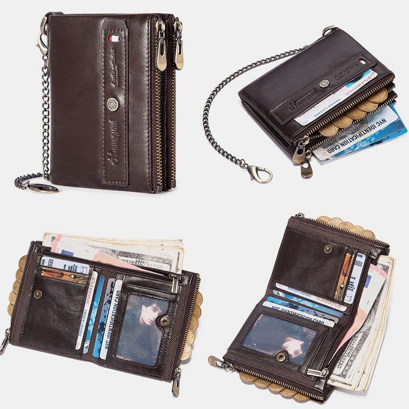 Heren Lederen Dubbele Rits Portemonnee Anti-magnetische 8 Card Slot Card Case Wallet