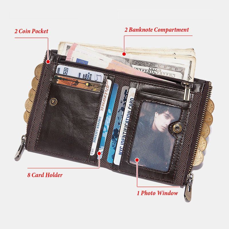 Heren Lederen Dubbele Rits Portemonnee Anti-magnetische 8 Card Slot Card Case Wallet