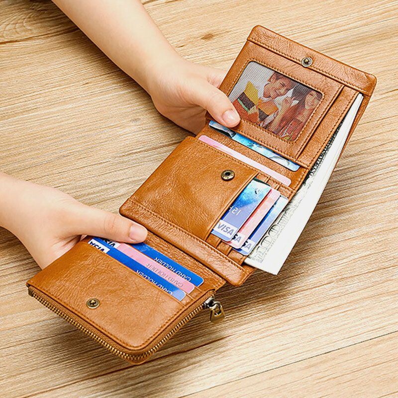 Heren Lederen Koeienhuid Retro Business Trifold Multi-slot Coin Bag Kaarthouder Portemonnee