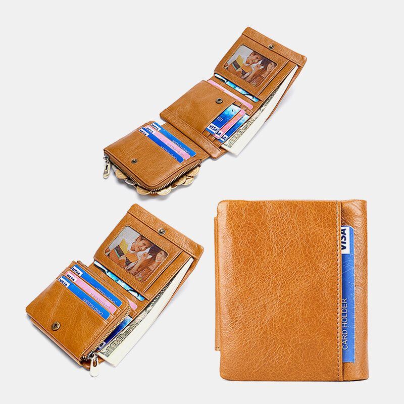 Heren Lederen Koeienhuid Retro Business Trifold Multi-slot Coin Bag Kaarthouder Portemonnee