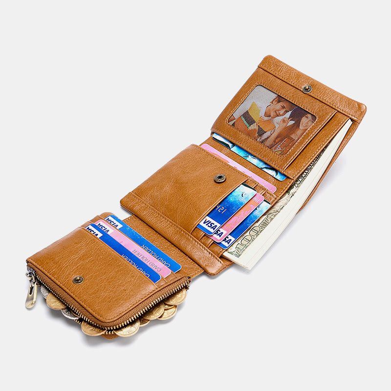 Heren Lederen Koeienhuid Retro Business Trifold Multi-slot Coin Bag Kaarthouder Portemonnee