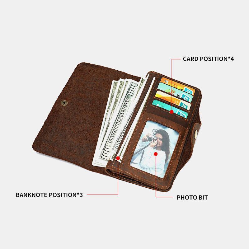 Heren Lederen Lange Bifold 10 Card Slot Card Case Geld Clip Portemonnee