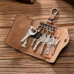 Heren Lederen Multifunctionele Drukknoop Sleutel Case Retro Casual Kaarthouder Geld Clip Portefeuilles