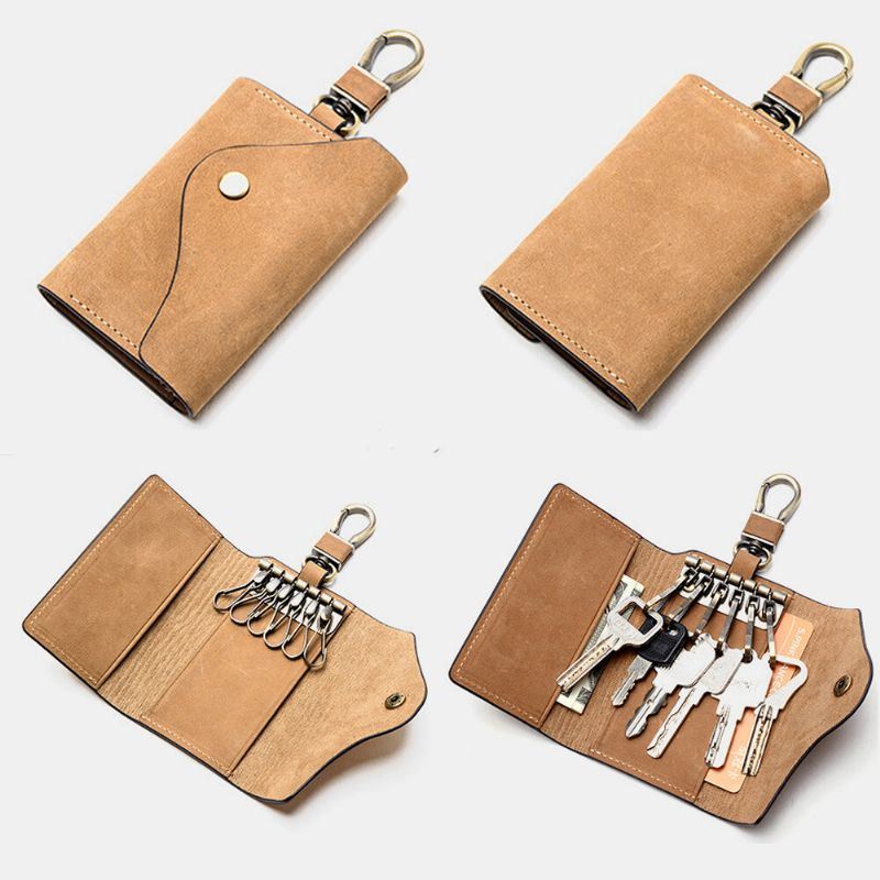 Heren Lederen Multifunctionele Drukknoop Sleutel Case Retro Casual Kaarthouder Geld Clip Portefeuilles