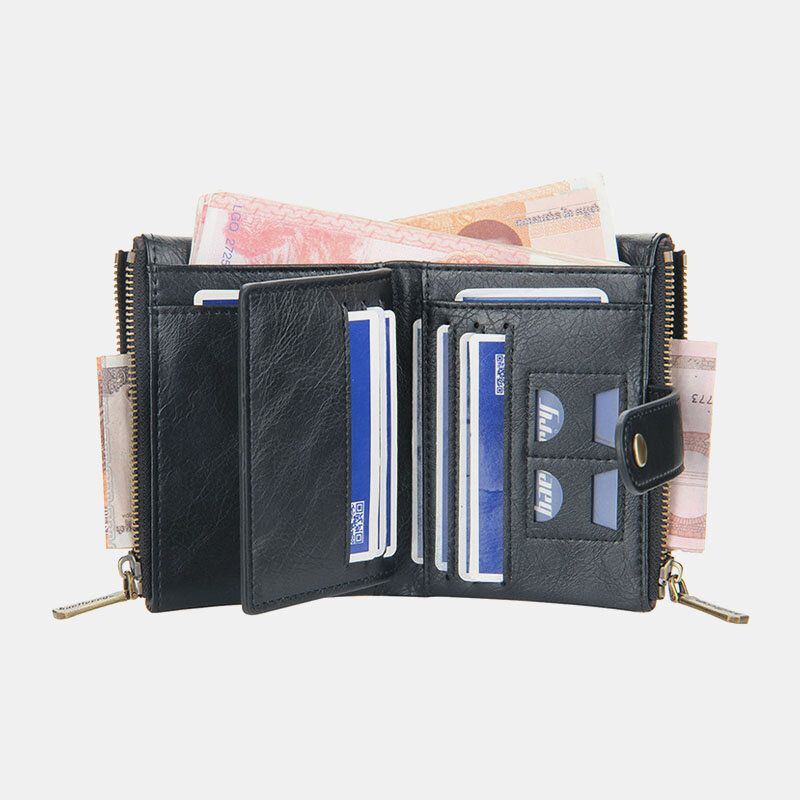 Heren Pu Lederen Korte Bifold Dubbele Rits Multi-kaartsleuf Kaarthouder Retro Portemonnee Geld Clip Portemonnee