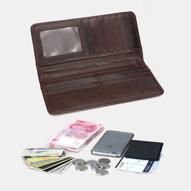 Heren Retro Lange Bifold Lederen Portemonnee Casual 12 Card Slot Kaarthouder Geld Clip Clutch Bag