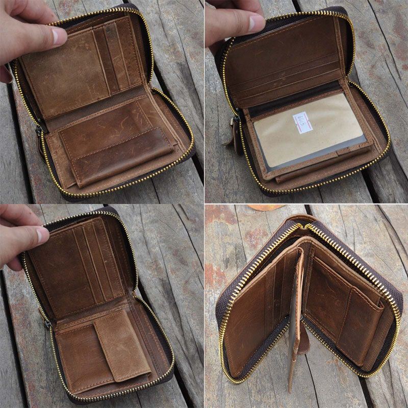 Heren Vintage Lederen Rits Rond Cardwallet Houder Munt Tas