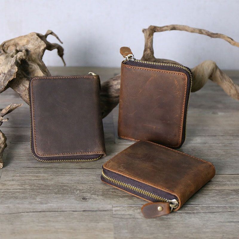 Heren Vintage Lederen Rits Rond Cardwallet Houder Munt Tas