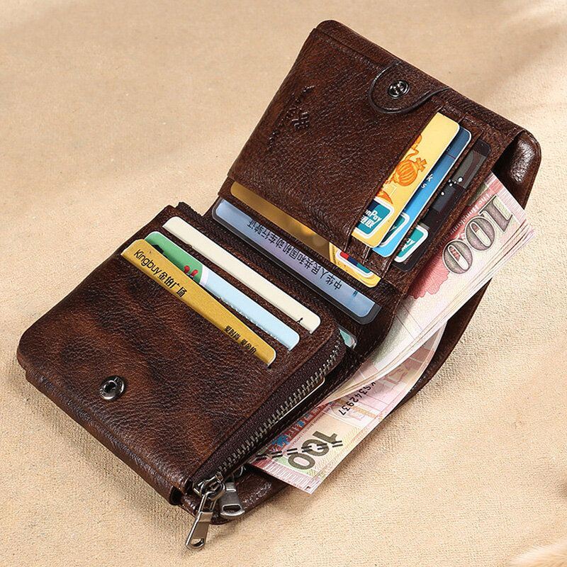 Heren Wrijven Kleur Echt Leer Driebladig Korte Anti-magnetische Grote Capaciteit Sluiting Portemonnee 9 Card Slot Card Case Rijbewijs Portemonnee