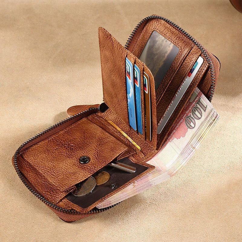 Heren Wrijven Kleur Korte Anti-magnetische 6 Card Slot Card Case Multifunctionele Rits Geld Clip Koeienhuid Rijbewijs Portemonnee