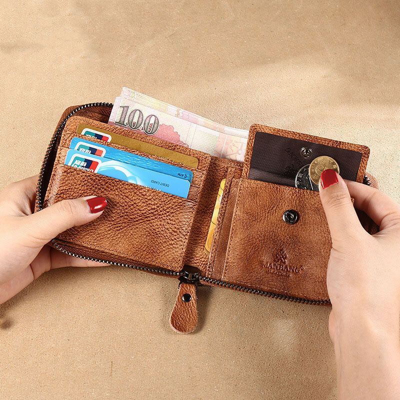 Heren Wrijven Kleur Korte Anti-magnetische 6 Card Slot Card Case Multifunctionele Rits Geld Clip Koeienhuid Rijbewijs Portemonnee