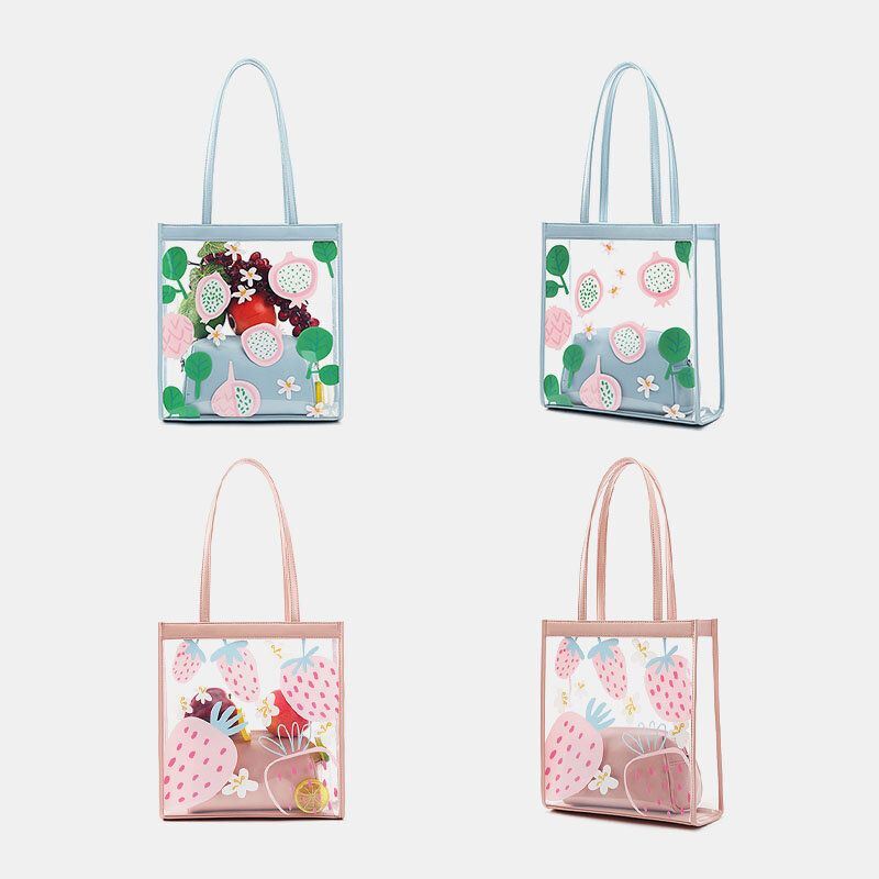 Dames 2 Stuks Waterdichte Transparante Print Fruit Pvc Multi-carry Handtas Tote