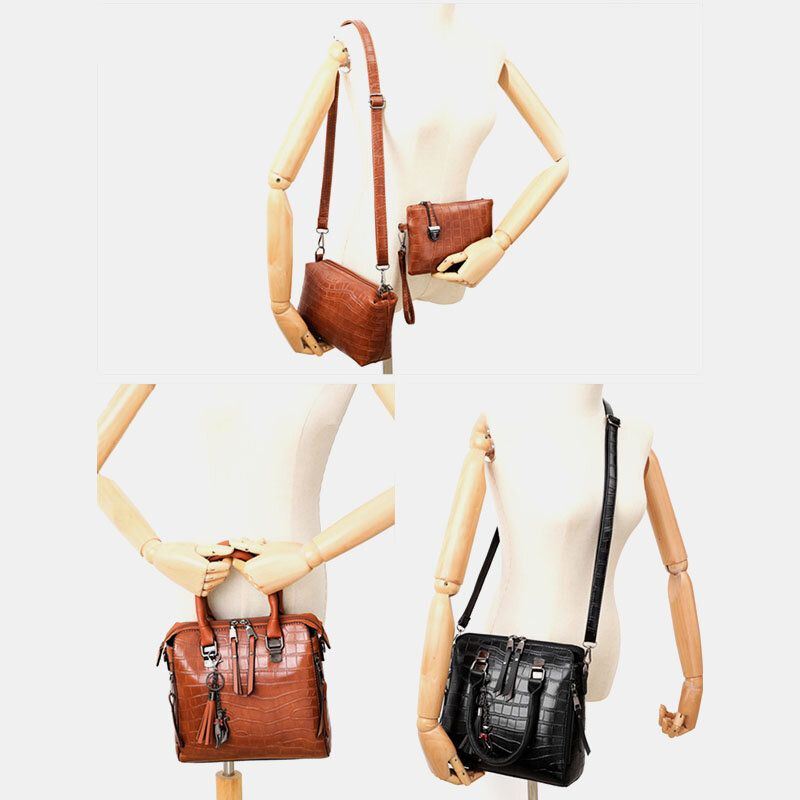 Dames 4 Stuks Kunstleer Zacht Effen Kleur Pak Handtas Crossbody Tas Clutch Bag Kaart Portemonnee