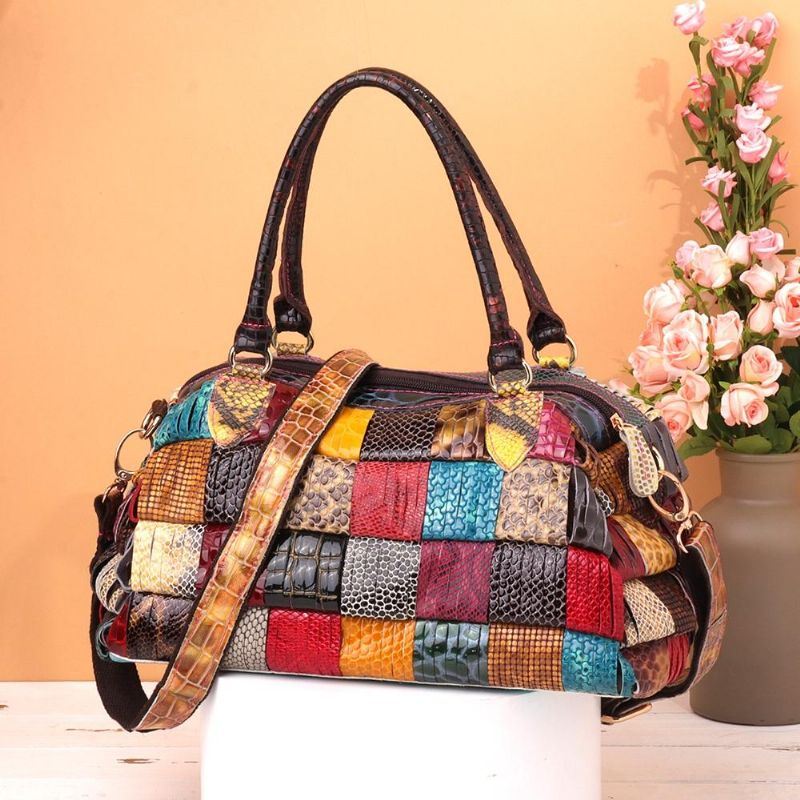 Dames Bohemian Grote Capaciteit Lederen Handtas Patchwork Handgemaakte Crossbody Tassen