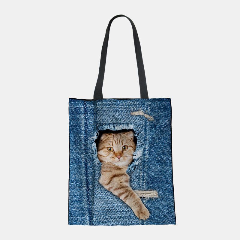 Dames Canvas Breken Gat Denim 3d Leuke Kat Hond Patroon Casual Outdoor Handtas Schoudertas Tote