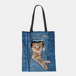 Dames Canvas Breken Gat Denim 3d Leuke Kat Hond Patroon Casual Outdoor Handtas Schoudertas Tote